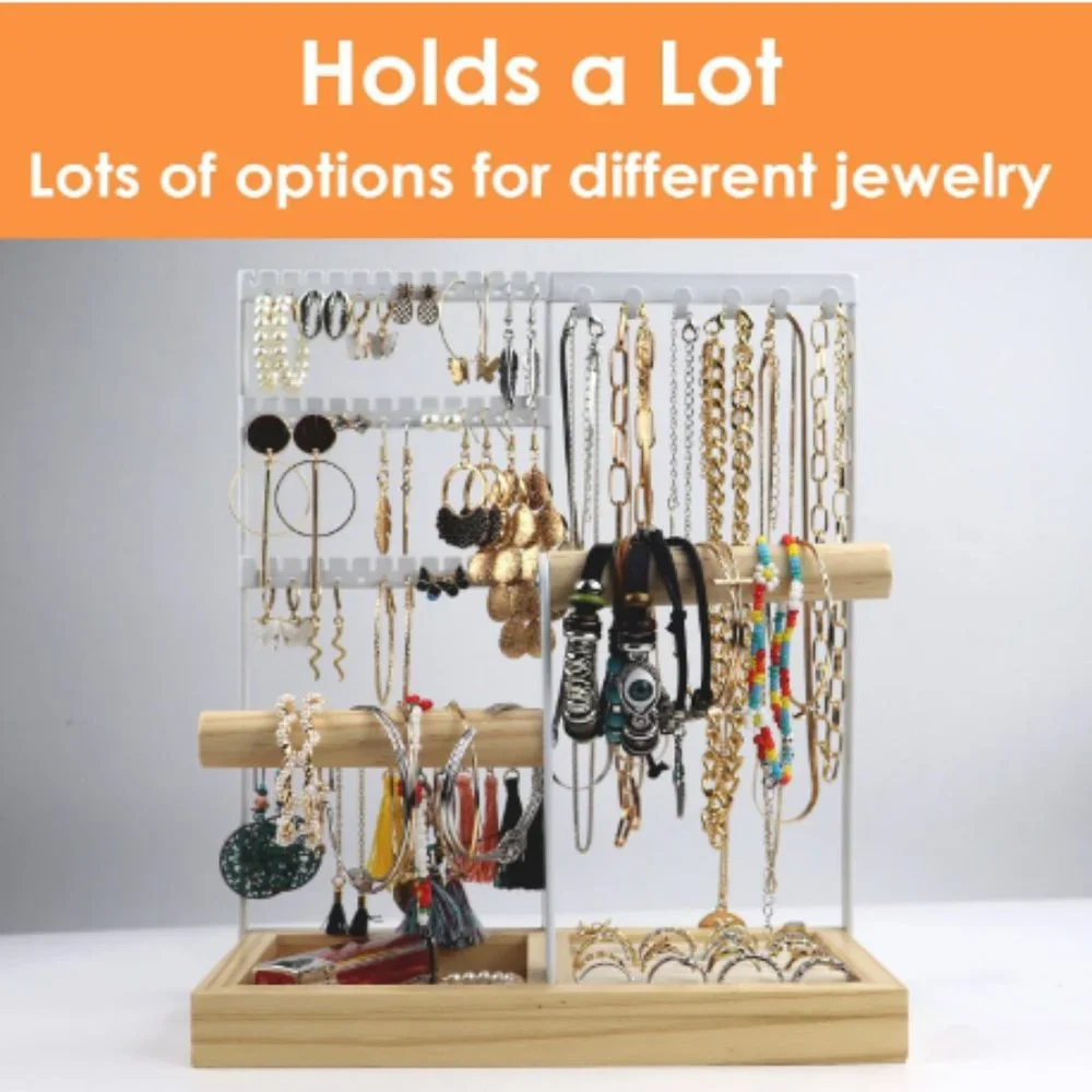 4-Tier Earring Holders & Necklace Towers - Jewelry Organizer w/ Velvet Ring Tray